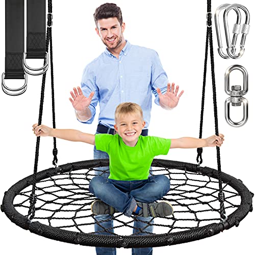 Spider Web Tree Saucer Swing with Hang Kit and Center Spinner  40 Circle Netted Webbed Seat Hanging Circular Flying Disk w Ropes and Straps  Safe Durable Max Weight 600lbs