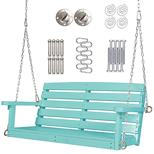 Wooden Porch Swing 2 Seater Patio Swing Chair Bench IndoorOutdoor Wood Hanging Porch Swing Chair Seat with Hanging Chains for Porch Patio Garden Yard Courtyard Deck (Mint Blue 3FT)