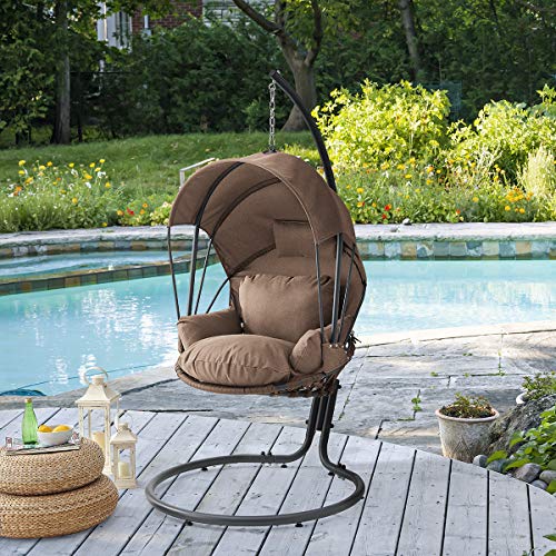 Barton Hanging Egg Chair Swing Chair Cushions with Stand Balcony Pad Garden Porch Lounge Egg Chair with Canopy Sun Shade Cover Brown