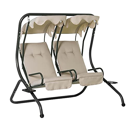 Outsunny Modern 2Seater Outdoor Patio Swing Chair Porch Seats with Cup Holder and Removeable Canopy Beige