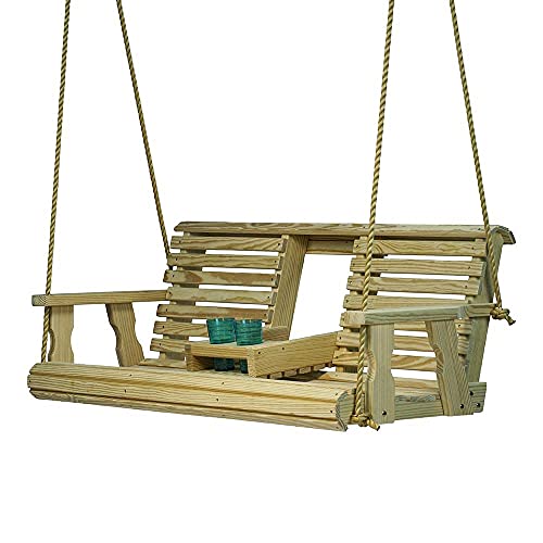 Amish Heavy Duty 800 Lb Rollback Console Treated Porch Swing with Hanging Ropes (Unfinished)