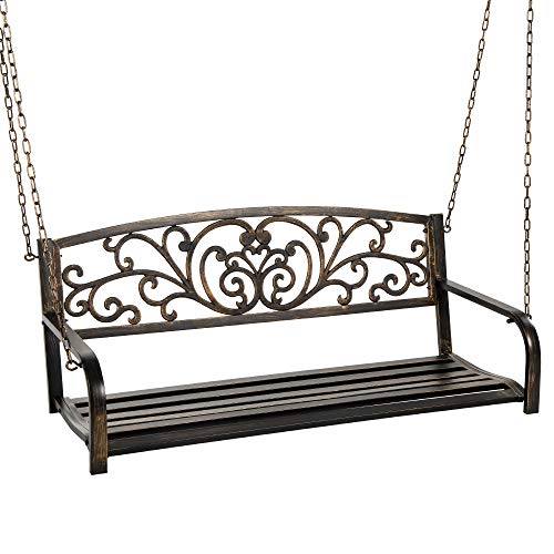 Best Choice Products 2Person Metal Outdoor Porch Swing Hanging Steel Patio Bench for Garden Deck wFloral Accent 485lb Weight Capacity  Bronze