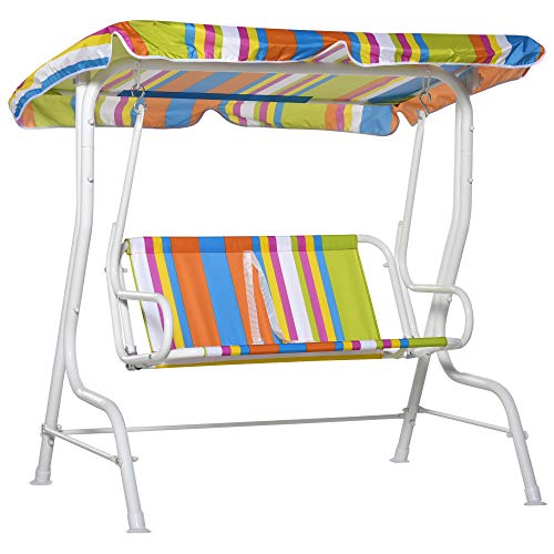 Outsunny 2Seat Kids Canopy Swing Chair Toddler Outdoor Glider Hammock Lounge with Shade Awning Seat Belt for Porch Backyard Colorful Stripes 43 x 275 x 43