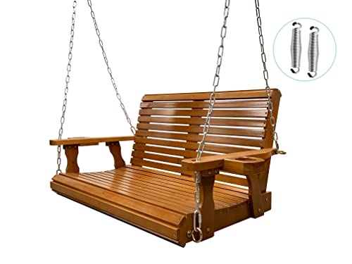 Wooden Porch Swing 2Seater Amish Bench Swing with Cupholders Hanging Chains and 7mm Springs Heavy Duty 800 LBS for Outdoor Patio Garden Yard (4 ft)
