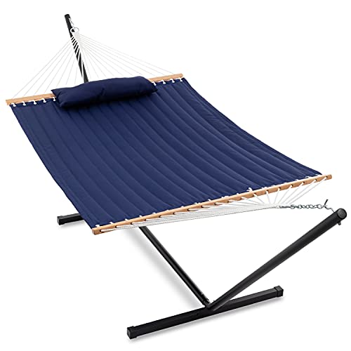 Gafete Large Thicker Hammock with Stand Included 2 Person Heavy Duty Outside Portable Cotton Double Hammocks with Hardwood Spreader Bar and Pillow for Outdoor Max 475lbs Capacity ( Navy )