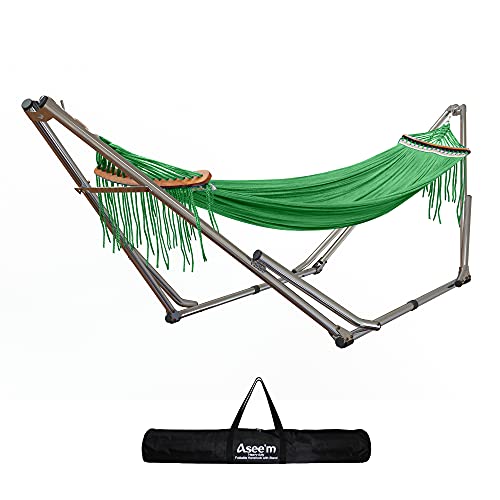 Indoor Hammock with Stand Included Portable Hammock with Heavy Duty Adjustable Steel Stand for Camping Outdoor Patio Backyard Deck Balcony Durable Hammock Bed Carring Bag 550 LBS Capacity Light Green