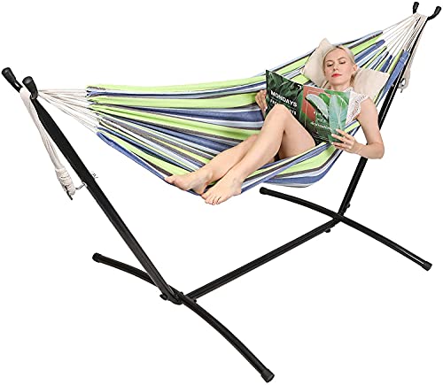 Kanchimi Hammock with StandMax Load 450lbsPortable Double Hammock for para PatioIndoor Outdoor Hammock with Stand 2 Person Heavy DutyPremium Carrying Case Included（Bluegreen）