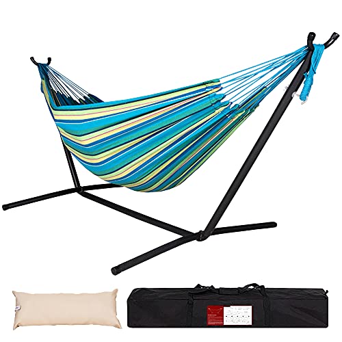 Lazy Daze Double Cotton Hammock with Space Saving Steel Stand Includes Portable Carrying Bag and Head Pillow BrazilianStyle Hammock for Indoor Outdoor Patio 450 lbs Capacity Oasis Stripe