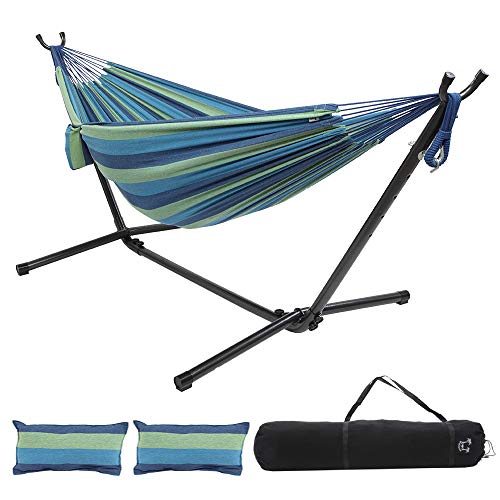 ONCLOUD Double Hammock with Stand 9 FT Steel Stand Space Saving Portable Hammock Stands Heavy Duty Includes Carrying Bag Two Pillows for Outdoor or Indoor (Yellow Blue)