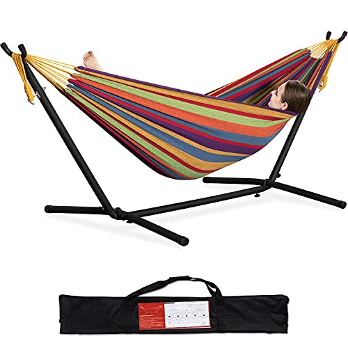 PNAEUT Double Hammock with Space Saving Steel Stand 2 Person Heavy Duty Garden Yard Outdoor 450lb Capacity Hammocks and Portable Carrying Bag (Tropical)