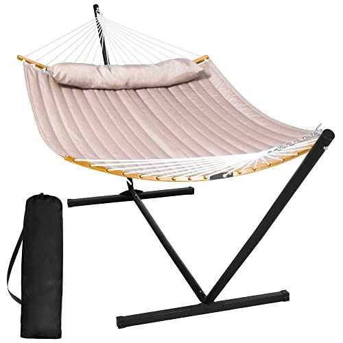 SUNCREAT 55 Inch Large Double Hammock with Stand 450lbs Capacity Outdoor Portable Hammock with Curved Spreader Bar Extra Large Pillow Tan