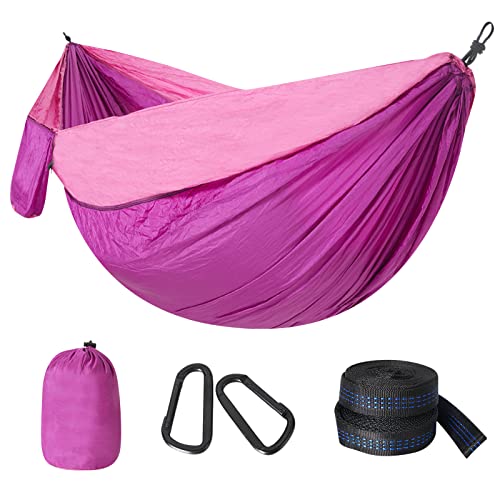 BLUU Double Camping Hammock Set Parachute Lightweight Hammock with Tree Straps  Assesories  100 Recyclable 210T Nylon  2 Person Hammocks for Outside Camp Backpacking Hiking Indoor Use (Pink)