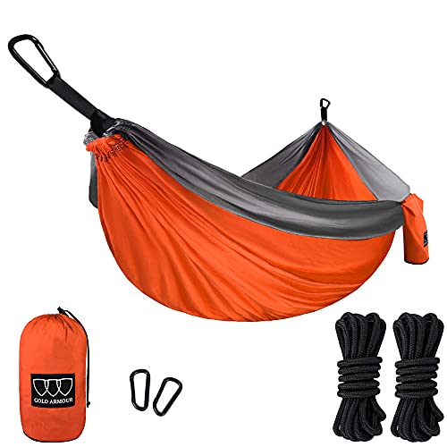 Gold Armour Camping Hammock Double  Single Parachute Hammock with Ropes USA Brand Lightweight Portable Mens Womens Kids Camping Accessories Gear (Orange and Gray 2 Person)
