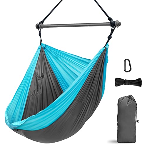 Hammock Chair Portable Large Hanging Rope Swing  Lightweight Nylon Parachute Max 500 Lbs  Detachable Metal Support Bar Hammock Chair Swing for Outdoor Indoor Backpacking Camp Beach