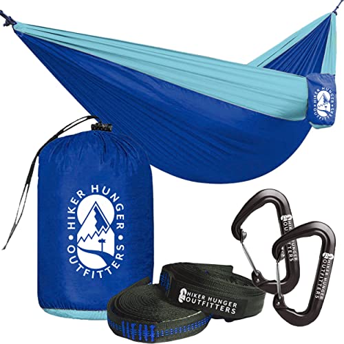 Hiker Hunger Premium Double Hammock Set (Blue)  Includes 2X 10 Tree Straps  2X Carabiners  Portable  Lightweight Ripstop Parachute Nylon Hiking Outdoor Camping Travel  Backpacking