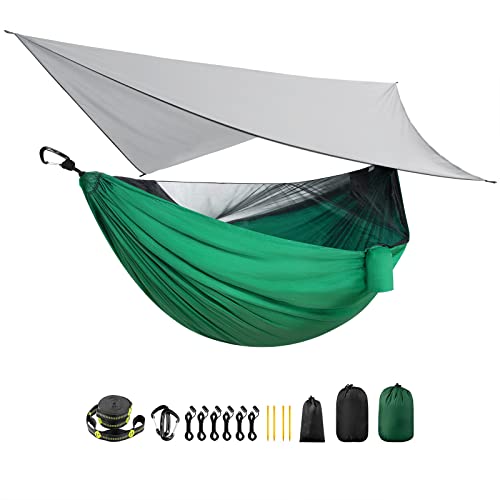 Single Double Person Camping Hammock Tent With Mosquito Netting and Rainfly Tarp  Portable Lightweight Parachute Nylon Backpacking Hammocks Set With Tree Straps Outdoor Survival Hiking Travel Green