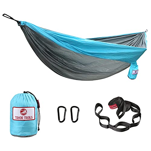 Tahoe Trails Double Camping Hammock with Tree Straps Lightweight Portable Nylon Parachute Hammock for Hiking Traveling Backpacking and Backyard Light Grey  Light Blue