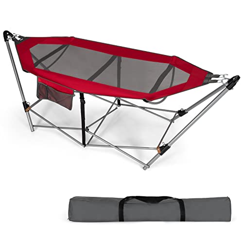 GYMAX Camping Hammock with Stand Portable Folding Hammock with Carrying Bag Storage Pocket Single Heavy Duty Hammock Chair for Outdoor Patio Picnic Beach (Red)