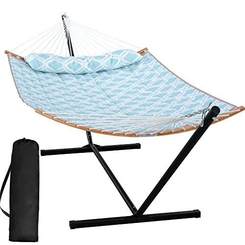 SUNCREAT 2 Person Outdoor Hammock with Curved Spreader Bar Heavy Duty Patio Hammock with Stand for Outdoor Garden Backyard Green Drops