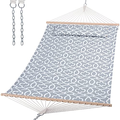 SUNCREAT Double Quilted Hammock with Hardwood Spreader Bar Extra Large Soft Pillow Heavy Duty 2 Person Hammock for Indoor Outdoor Grey Pattern