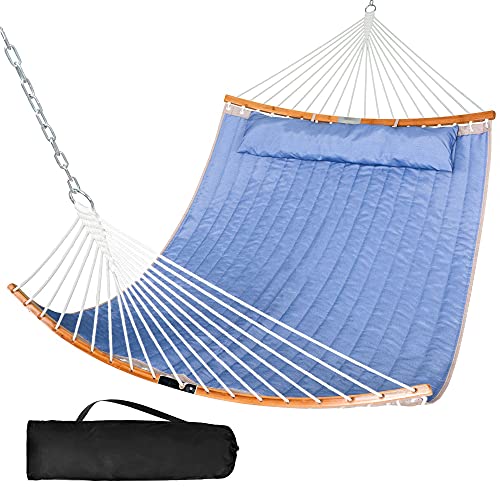 SUNCREAT Portable Folding Hammock with Curved Bamboo Spreader Bar Carrying Bag Large Outdoor Double Hammock for Patio Garden Backyard Porch Blue