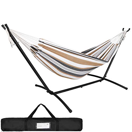 SUPER DEAL Double Hammock with 9FT Space Saving Steel Stand Heavy Duty 2Person Hammock Bed and Stand with Portable Carrying Case 620LBS Capacity 6 Optional Hook Positions for Garden Yard