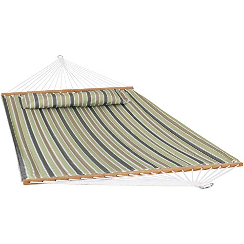 Sunnydaze 2Person Quilted Printed Fabric Spreader Bar Hammock and Pillow  Large Modern Cloth Hammock with Metal S Hooks and Hanging Chains  Heavy Duty 450Pound Water Capacity  Khaki Stripe