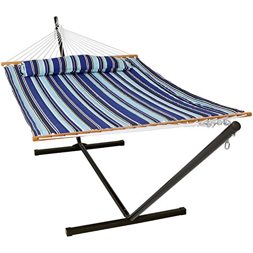Sunnydaze Quilted Fabric Hammock Two Person with 12Foot Stand and Spreader Bars Freestanding Outdoor Heavy Duty 350 Pound Capacity Catalina Beach