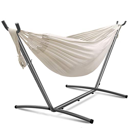 UUWay Hammock with Stand 2 Person Heavy Duty Outdoor  Indoor Hammocks Portable Hammock with Stand Double Hammock Premium Carry Case Included for Camping Courtyard Balcony Garden Patio Grey  Beige