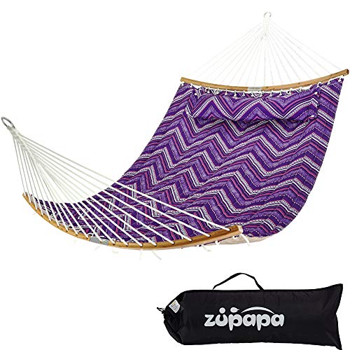 Zupapa Quilted Double Hammock 2 Person Hammock with Spreader bar and Detachable Pillow HeavyDuty Hammock Perfect for Patio Yard Large Hammocks with Carrying Bag
