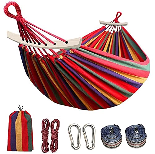 Colel Double Hammock 2 Person Cotton Canvas Hammock 450lbs Portable Camping Hammock with Carrying Bag Two Anti Roll Balance Beam Metal Carabiner Ropes and Tree Straps for Travel Patio Garden (Red)