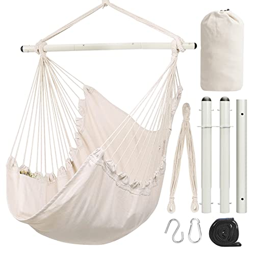 ECHTPower Hammock Chair Hanging Rope Swing Large Hanging Swing Chair Max 500 lb Strong Metal Support Bar Easy to Install Soft Hanging Chair with Pocket 2 Hook 1 Strap (Not Include Pillows)