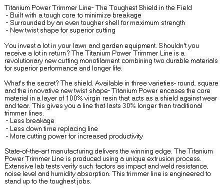 PART NO A-B142155 Titanium Power Trimmer Line 155 square
