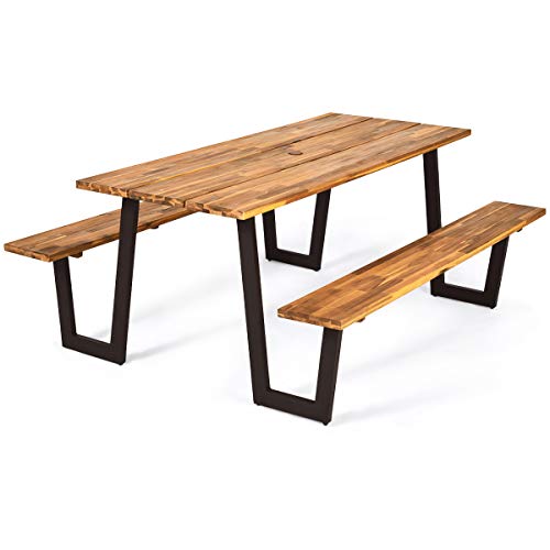 Giantex Picnic Table Bench Set with Umbrella Hole Outdoor Dining Table Set 70 Acacia Wood Picnic Beer Table with Metal Frame (Natural  Black)
