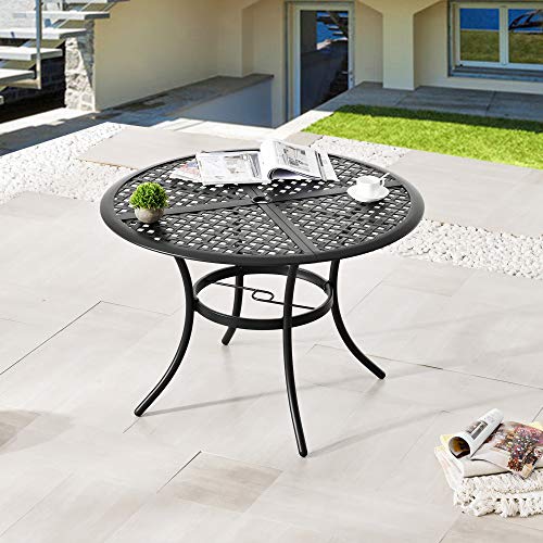 LOKATSE HOME 421 Outdoor Round Cast Wrought Iron Patio Metal Dining Table with Umbrella Hole Steel Frame for Backyard Lawn Balcony Deck Black