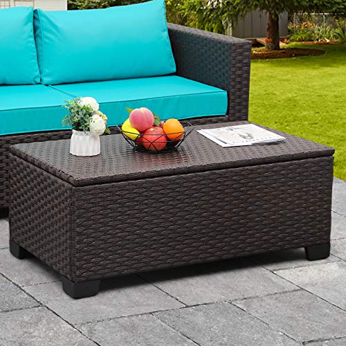 Outdoor Storage Table Wicker Patio Coffee Table AllWeather Rattan Side Table with Waterproof Cover Brown