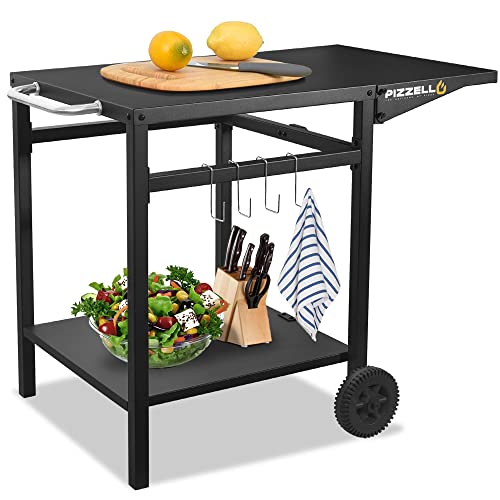 PIZZELLO Outdoor Grill Dining Cart Movable Pizza Oven Trolley BBQ Stand Double Shelf Outdoor Worktable with 2 Wheels and 4 Hooks