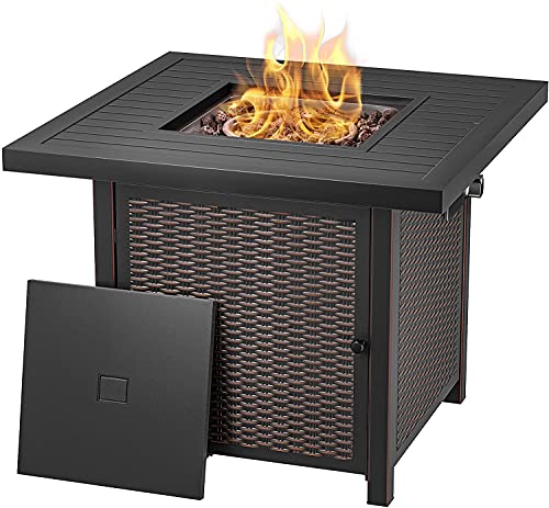 Propane Fire Pit Table 28 inch 50000 BTU AutoIgnition Gas Fire Pit Table Outdoor Rattan  WickerLook Square Fire Table with Lid ETL Approved for Outside Patio Garden Backyard  GFP01T