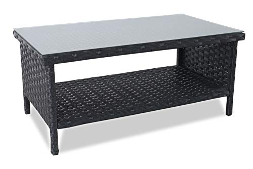 Rattaner Outdoor Wicker Coffee Table Patio Furniture Garden Rattan 2Layer Glass Table with Storage and Furniture Cover Black