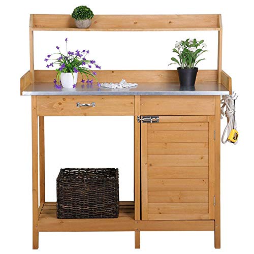 Yaheetech Outdoor Garden Potting Bench Table Work Bench Metal Tabletop WCabinet Drawer Open Shelf Natural Wood