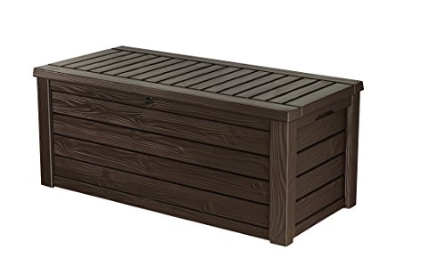 Keter Westwood 150 Gallon Resin Large Deck BoxOrganization and Storage for Patio Furniture Outdoor Cushions Garden Tools and Pool Toys Brown