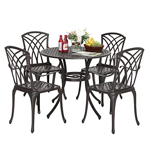 Nuu Garden 5 Pieces Outdoor Dining Set Cast Aluminum AllWeather Patio Furniture Set Round Patio Table and Chairs with Umbrella Hole for Garden Deck Lattice Weave Design Antique Bronze