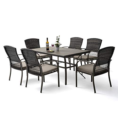 Pamapic 7 Piece Patio Dining Set Outdoor Dining Table Set Patio Wicker Furniture Set for Backyard Garden Deck PoolsideIron Slats Table Top Removable Cushions(Beige)