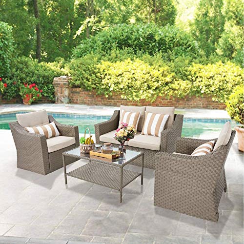 SOLAURA Outdoor Patio Furniture Set 4Piece Conversation Set All Weather Wicker Furniture Sectional Sectional Sofa Set with Glass Coffee TableGray