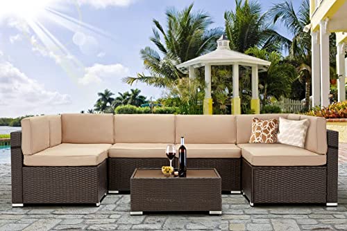 UMAX 7 Piece Outdoor Patio Furniture Set PE Rattan Wicker Sofa Set Outdoor Sectional Furniture Chair Set with Khaki Cushions and Tea Table Brown