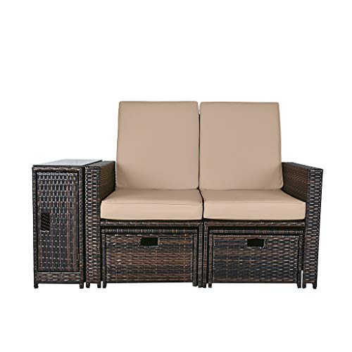 B BAIJIAWEI Patio Wicker Loveseat  Outdoor Rattan Sofa Set with Cushion  Adjustable Lounge Chair with Ottoman Footrest Wicker Furniture for Garden Patio Balcony Beach Coffee Bar Deck