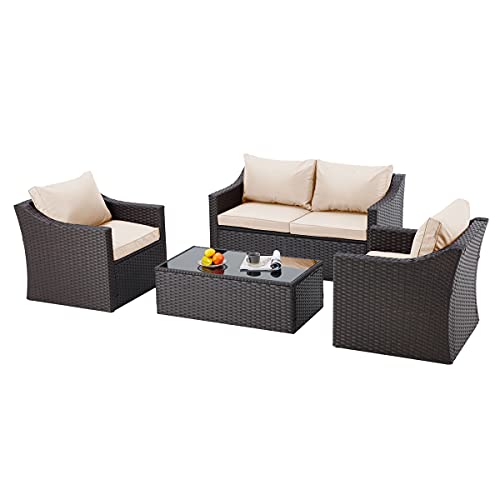 EROMMY 4 Pcs Patio Furniture Sets Retro Wicker PE Rattan Conversation Furniture Set with 4 SeatsTempered Glass Table TopCushion Outdoor Garden Furniture SetsBeige