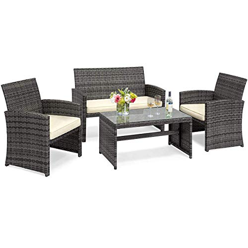Goplus 4Piece Wicker Patio Furniture Set with Weather Resistant Cushions and Tempered Glass Tabletop Rattan Sofa Conversation Set for Outdoor Garden Lawn Pool Backyard (Mix Gray)