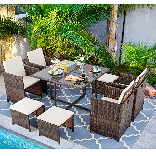 Vongrasig 9 Piece Small Patio Dining Set Outdoor Space Saving PE Wicker Dining Patio Furniture Conversation Set wGlass Patio Dining Table  Cushioned Rattan Chairs for Lawn Garden Backyard (Beige)