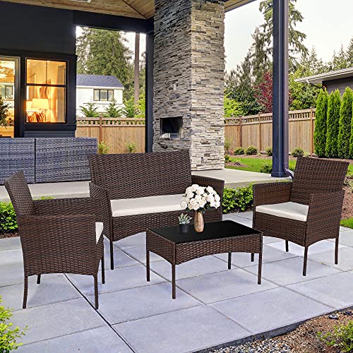 Walsunny 4 Pieces Outdoor Patio Furniture Sets Rattan Chair Wicker SetOutdoor Indoor Use Backyard Porch Garden Poolside Balcony Furniture（Brown）